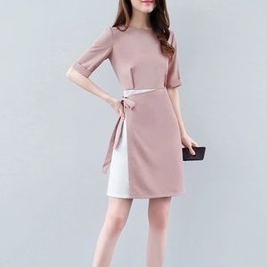 NEW Pink/White Crewneck Short Sleeve Faux Wrap Dress